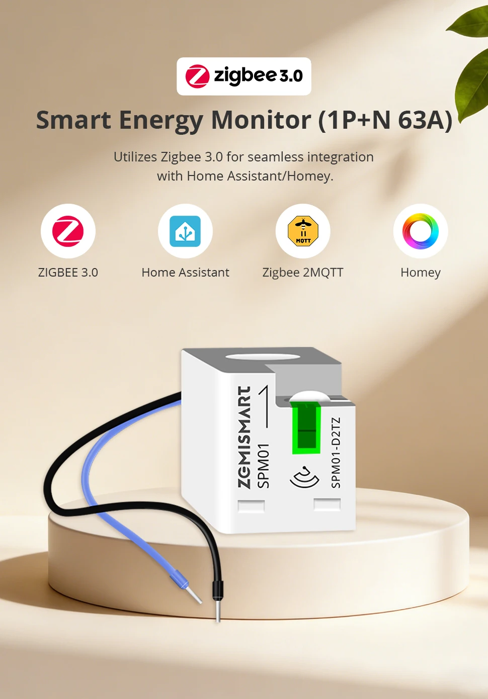 Zemismart Zigbee 3.0 Smart Power Monitor 63A Energiemessgerät Echtzeit-Detektor Kompatibel mit Homey Unterstützt Zigbee2MQTT ZHA – Detail 1