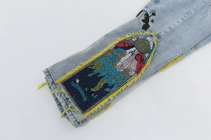 Chinesische Malerei-Stickerei auf Denim-Jeans für Herren, Streetwear mit Falten und Quasten, Distressed Destroyed Jeans, Gerade geschnittene Hose – Detail 13