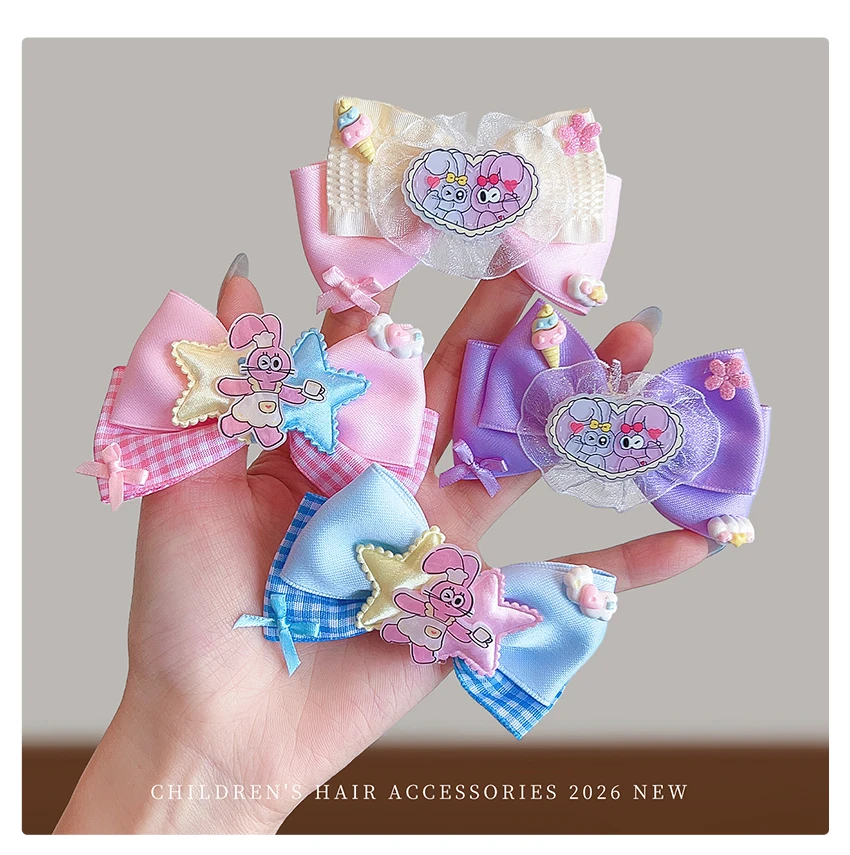 2026 Neu 5-teiliges Kinder-Haarspangen-Set Kawaii Cartoon-Häschen Satin-Schleife Pailletten Tüll Spitze Haarschonende Haarspangen für Kleinkind-Mädchen – Detail 5