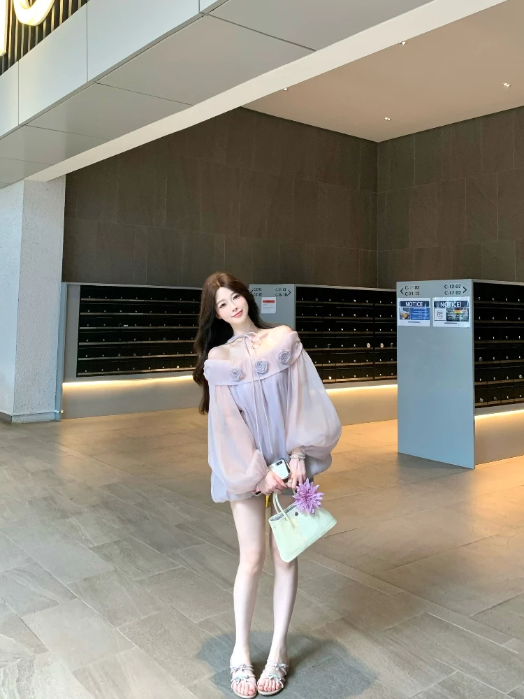 

Женский атласный топ с длинными рукавами и открытыми плечами, украшенный 3D-цветами, в стиле Sweet Wind, для лета