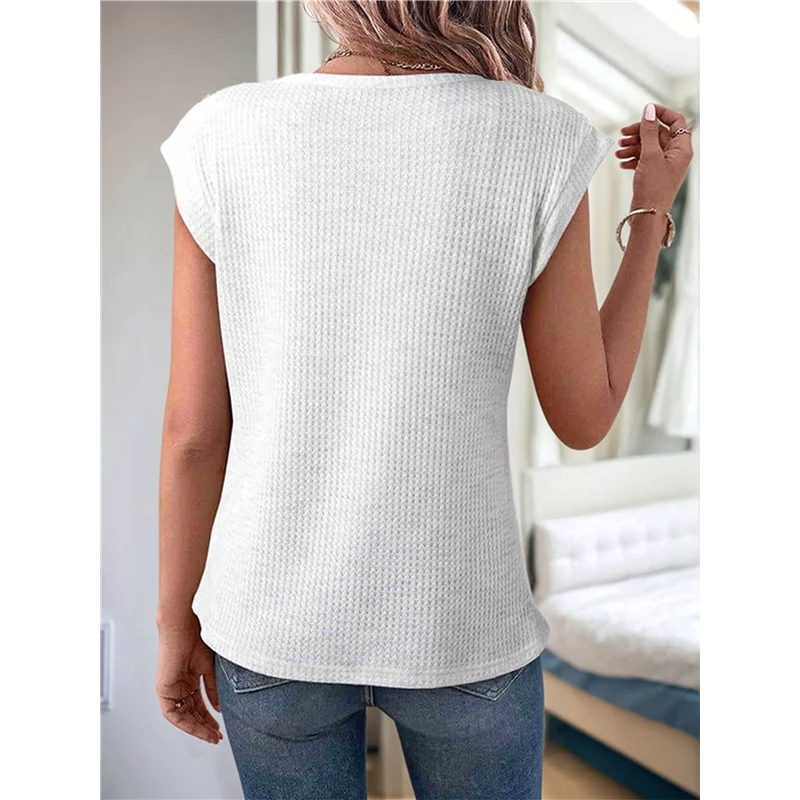 

AG-Summer Tops For Women Casual Crew Neck Waffle Knit Cap Sleeve Shirts Loose Fit Blouses Top