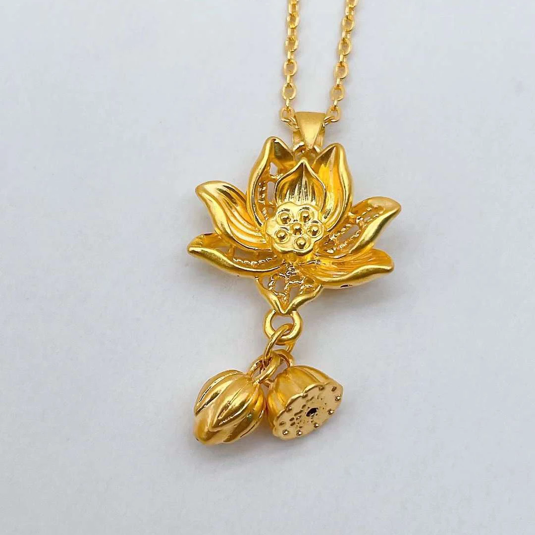 

1pcs Pure Real 24K Yellow Gold Pendant For Women 3D Lotus With Two Charm Pendant 1.5-1.7g