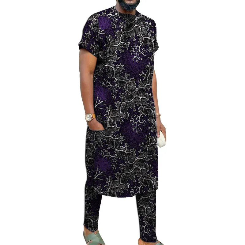 

Мужской повседневный костюм, длинная рубашка с брюками, мужской топ с короткими рукавами и нигерийским принтом, дизайнерский комплект в африканском стиле от кутюр