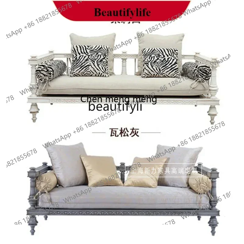 

G153 American French solid wood sofa white hollow carved living room retro low back three-person sofa bed