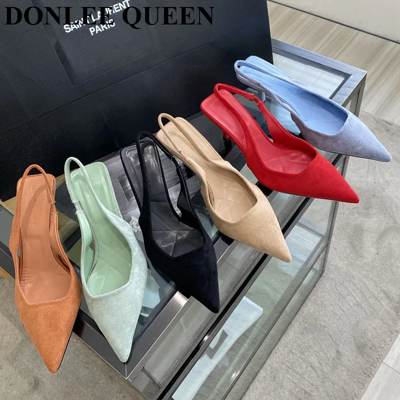 Fashion Thin High Heels Slingback Sandals Women Slip On Mules Pointed Toe Shallow Pumps Suede Female Shoes Brand Sandalias Mujer