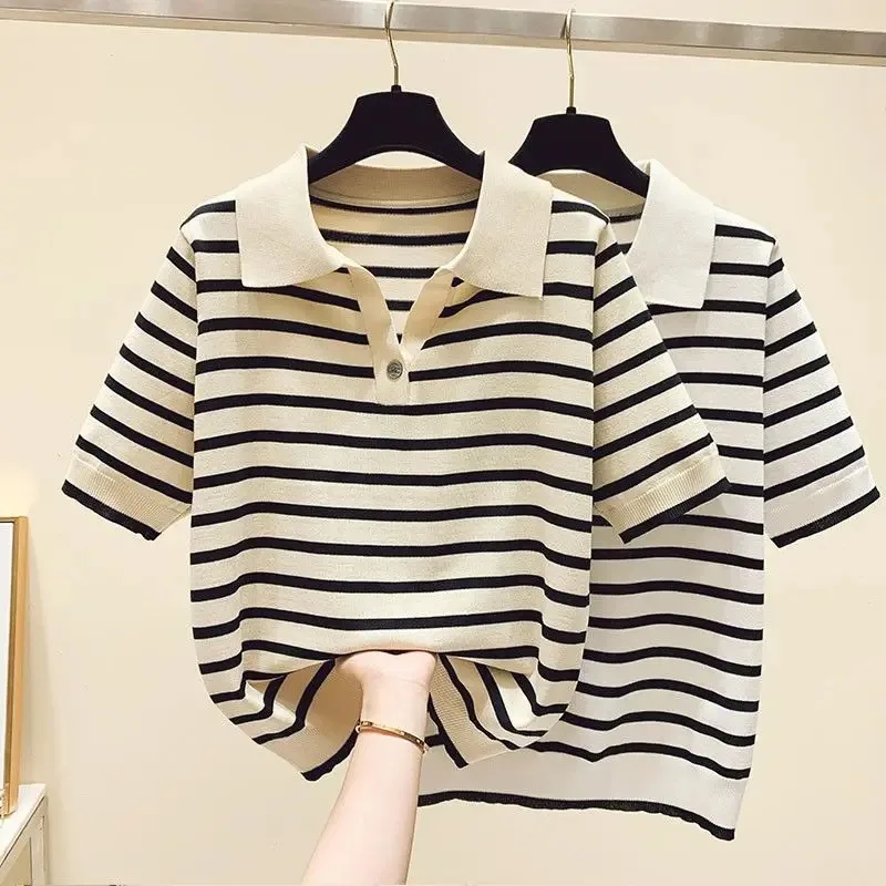 Women Clothing Fashion Polo-neck Striped Short Sleeve T-shirts Summer Vintage Button Sweet Knit Top Office Lady Loose Pullovers