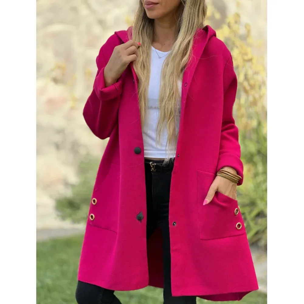 Casual Modny Płaszcz damski z kapturem i kieszenią Jednorzędowy Płaszcz damski w jednolitym kolorze Jesień Zima Nowy Styl Elegancki Płaszcz damski 2025