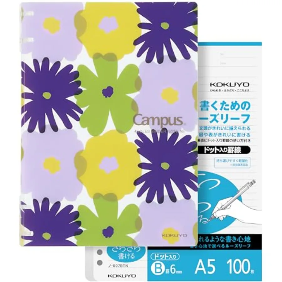 

SOU SOU 2x2 Spiral Binder Notebook, Refillable Binders with 100 Sheets 6mm Dot Ruled Loose leaf Paper. Pre-Packed 10 Sheets in