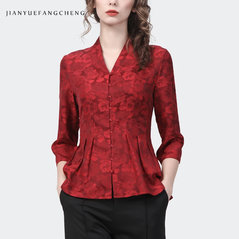 Women\' Red Jacquard Flowers Shirt Long Sleeve V-Neck Spring Summer Tops Vintage Slim Fit 2024 New Ladies Embroidered Blouses