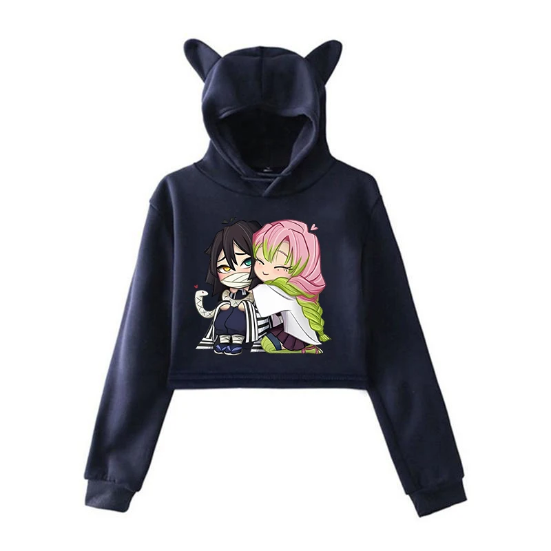 Funny Kanroji Mitsuri Iguro Obanai Cartoon Hoodie Fashion Women Girls Cat Ears Cropped Hoodie Female Casual Long Sleeve Pullover