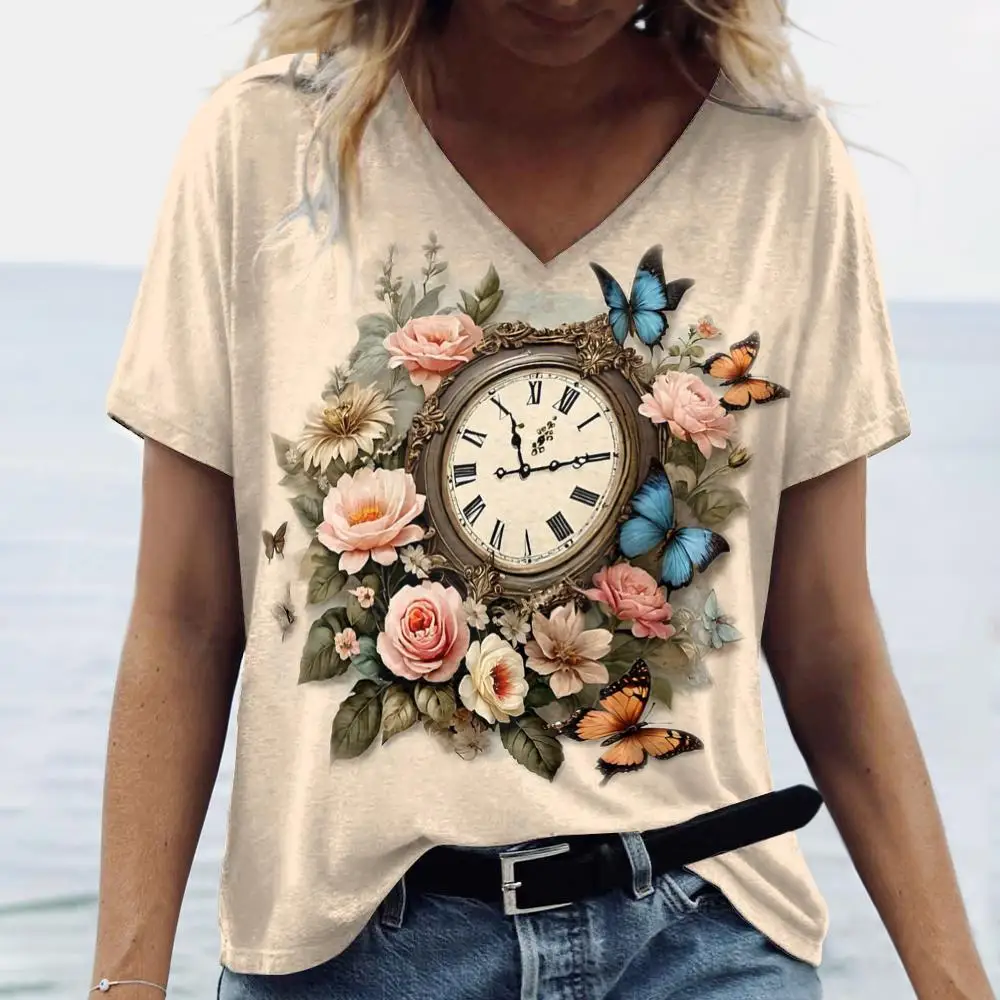 Women's T Shirt Fashion Clock Pattern Print Summer Short Sleeve Oversized Clothing Street Casual V Neck Pullover Female T-Shirts