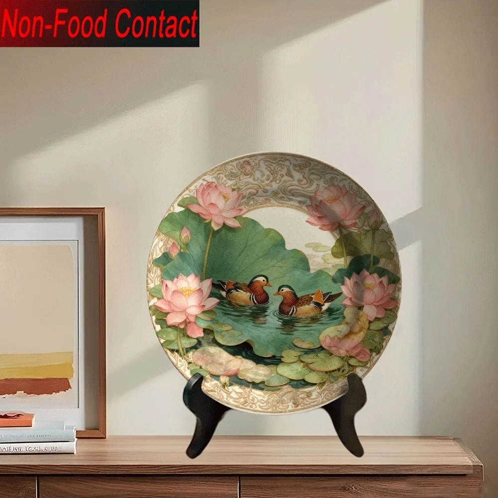 1pc Chinese for Lotus & Duck Ceramic Decorative Plate - Round Non-Food Contact Ornamental Dish with Golden Rim, Pink for Lotus