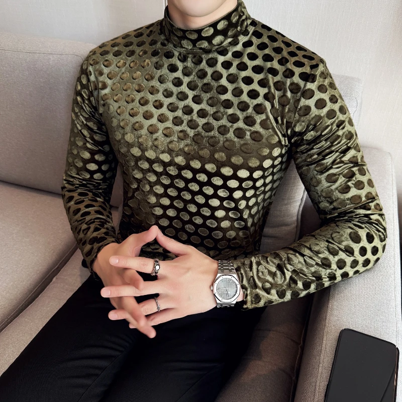 

Бархатные футболки с принтом в горошек для мужчин, эластичная мужская футболка с длинным рукавом и воротником-стойкой, осень-зима, облегающие мужские пуловеры, футболки