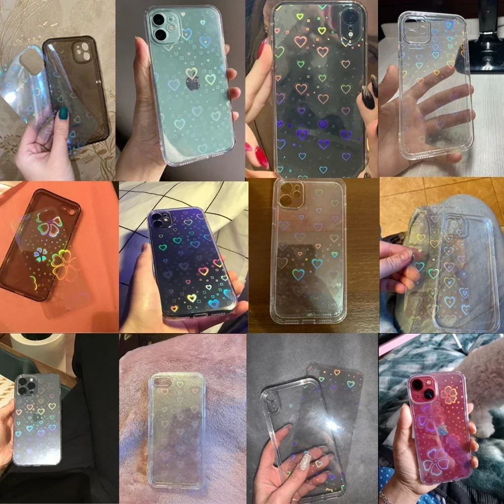 Transparent Case With Hearts For iPhone 16 15 14 13 12 11 Pro Max XR 7 8 14 Plus XS SE Soft Colorful Laser Cover Flower Cases