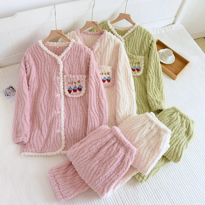 

Winter Warm Flannel V-Neck Pajamas Set Cartoon Long Sleeve Shirt Pants Coral Fleece Thick Sleepwear Women Casual Loose Loungwear