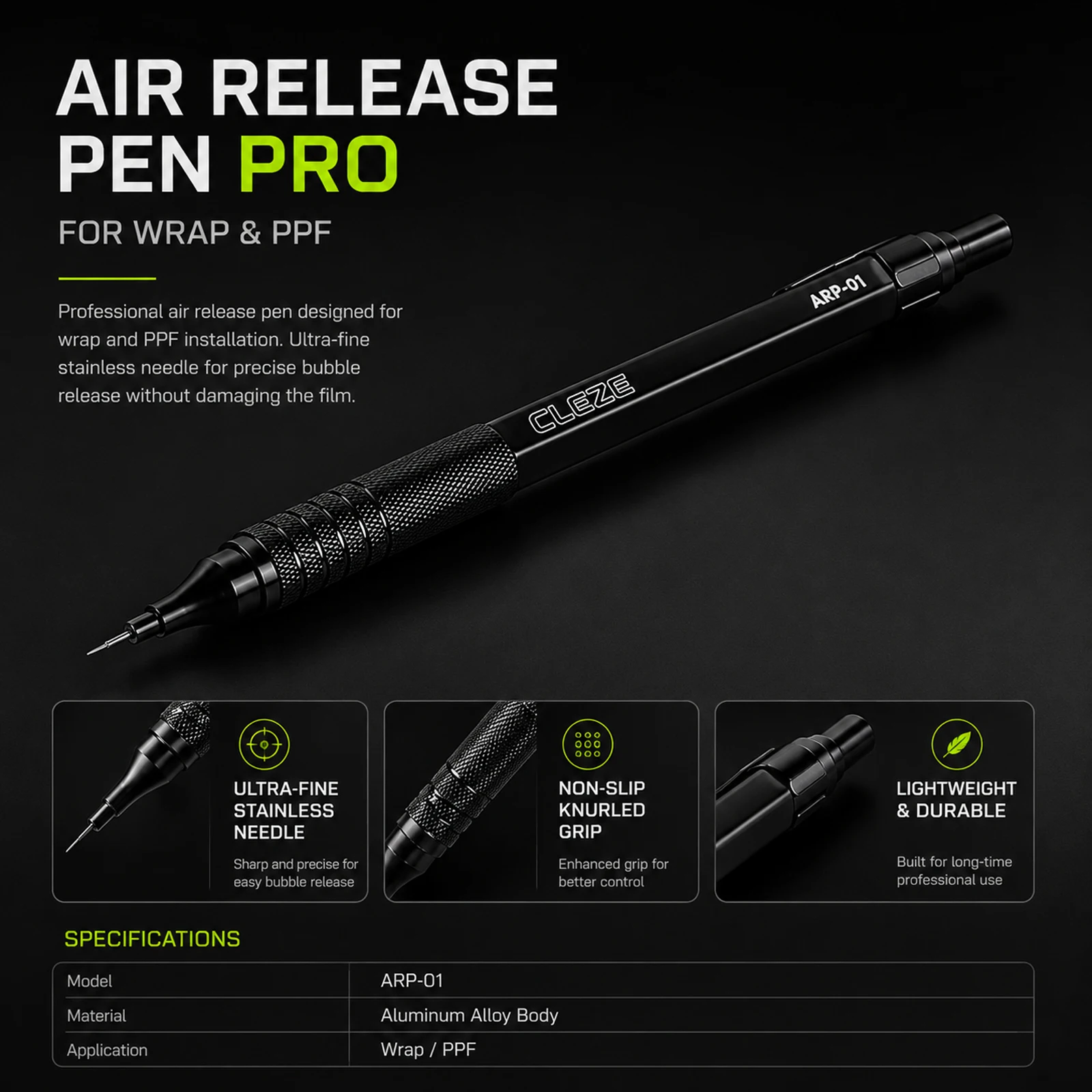 CLEZE PPF Air Release Pen Ultra Fine Needle Bubble Remover Aluminum Alloy Tool for Vinyl Wrap Car Window Film Installation