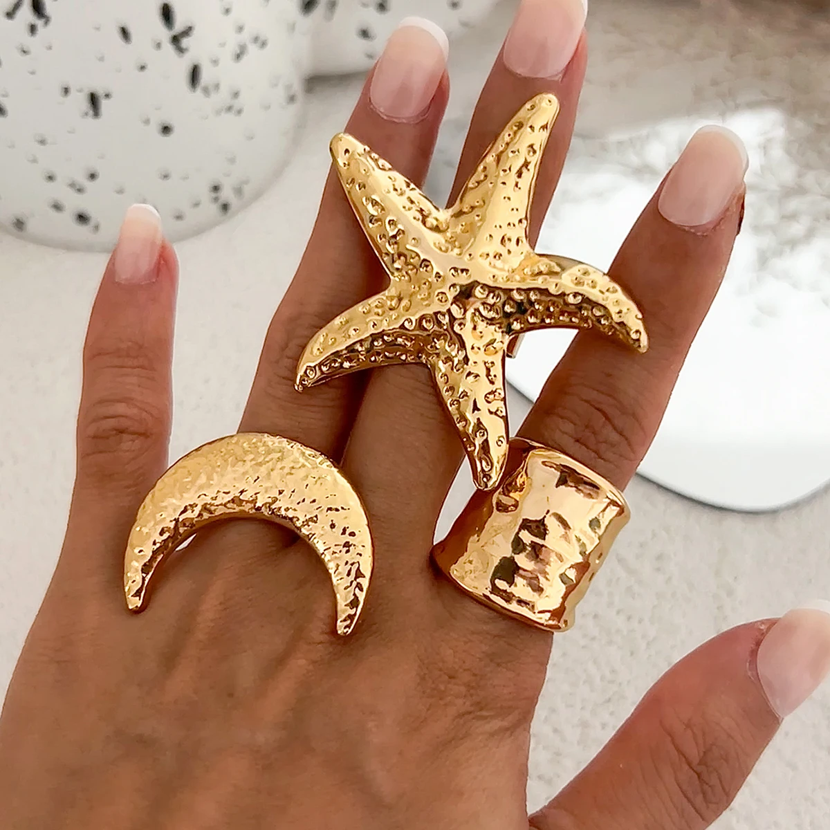 IngeSight.Z Vintage Irregular Moon Starfish Ring for Women 2025 Trendy Metal Flower Adjustable Finger Ring Party Jewelry