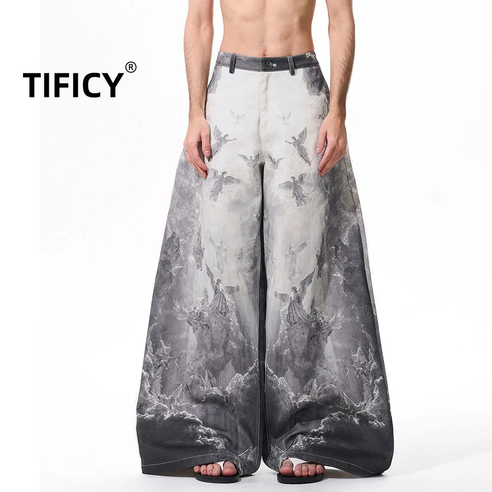 

High Street оригинальный дизайн джинсовые брюки с 3D принтом мужские осенне-зимние американские уличные брюки с низкой талией и широкими штанинами