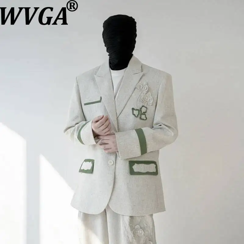 WVGA 2026 Spring Autumn New Men's Color-Block Three-Dimensional Handmade Floral Blazer Niche Straight Pant Two Pieces Set W25983