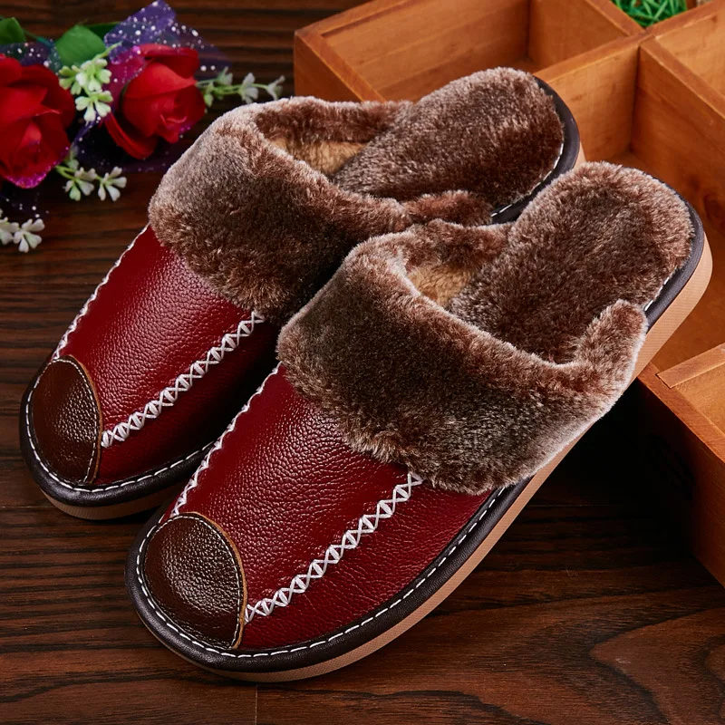 Men and Women Cotton Slippers Winter Home Warm Slippers Autumn Winter Real Leather Slippers Home Baotou Cotton Indoor Slippers