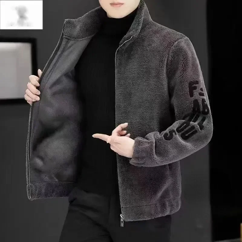 

Spring Autumn New Trendy Temperament Handsome Fashion Male Coat Casual Simple Solid Color Loose Warm Lamb Fleece Top Men Clothes