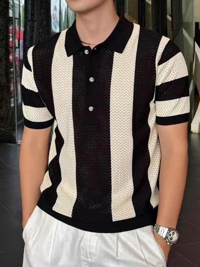 Summer Men's Knitted  Shirt Hollow out Slim Fit Short Sleeve Turn-down Collar Luxury Style Polyester Fiber Casual Top