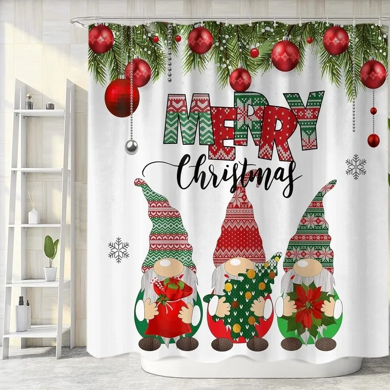Knitted Pattern Christmas Gnome Pine Branch Snowflake Shower Curtain Bathroom Decor No Drilling Set Includes 12 Hooks