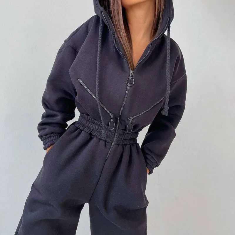 European and American Fashion Hooded Jumpsuit Set for 2024 Hot Selling and Popular Sports and Leisure Women\'s Clothing