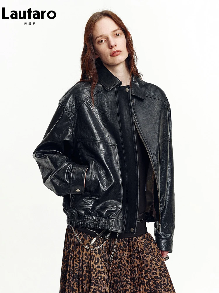 

Lautaro Spring Autumn Cool Handsome Black Waterproof Pu Leather Jacket Women Zipper Long Sleeve Luxury Designer Clothes 2026