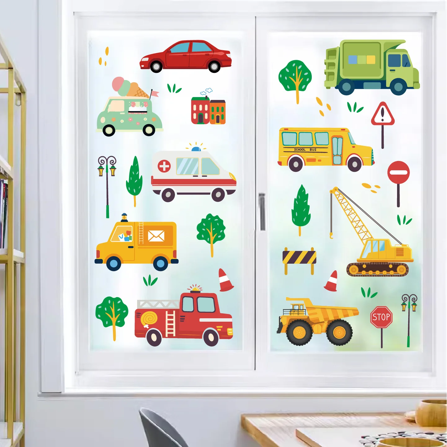 Cartoon Car Window Stickers Engineering Vehicle Truck Ambulance Static Sticker Happy Birthday Party Decor Glass Wall Stickers