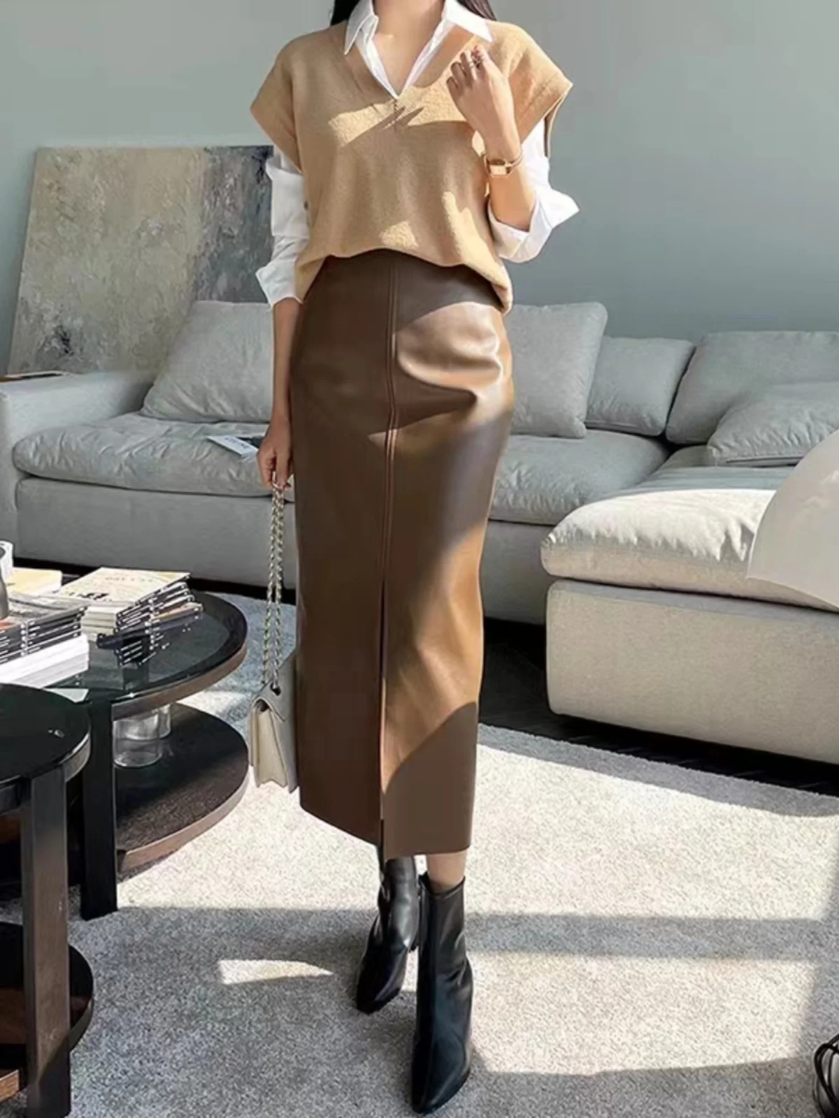 

eepskin Leather Skirt High Waist A-Line Sexy Split Mid-Length Trendy Commute Sle Pure Color Autumn New Arrival