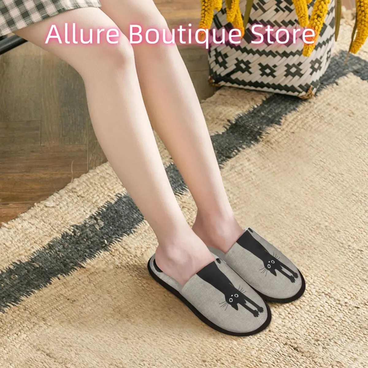 مخصص طباعة المرأة القطة السوداء عقد على شبشب منزل دافئ دافئ رغوة الذاكرة رقيق النعال داخلي في الهواء الطلق الأحذية