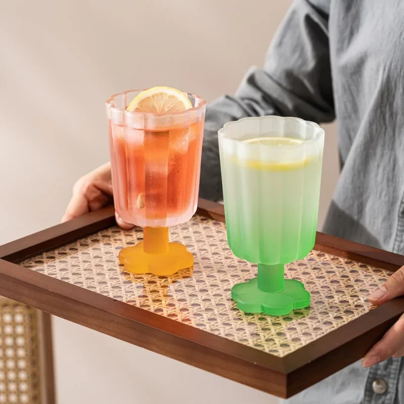 JUSTINLAU Glass Goblet Teacup Flower Shaped Sanded Texture Cup Home Ice Cream Dessert Juice Wine Cups Valentine's Day Gifts