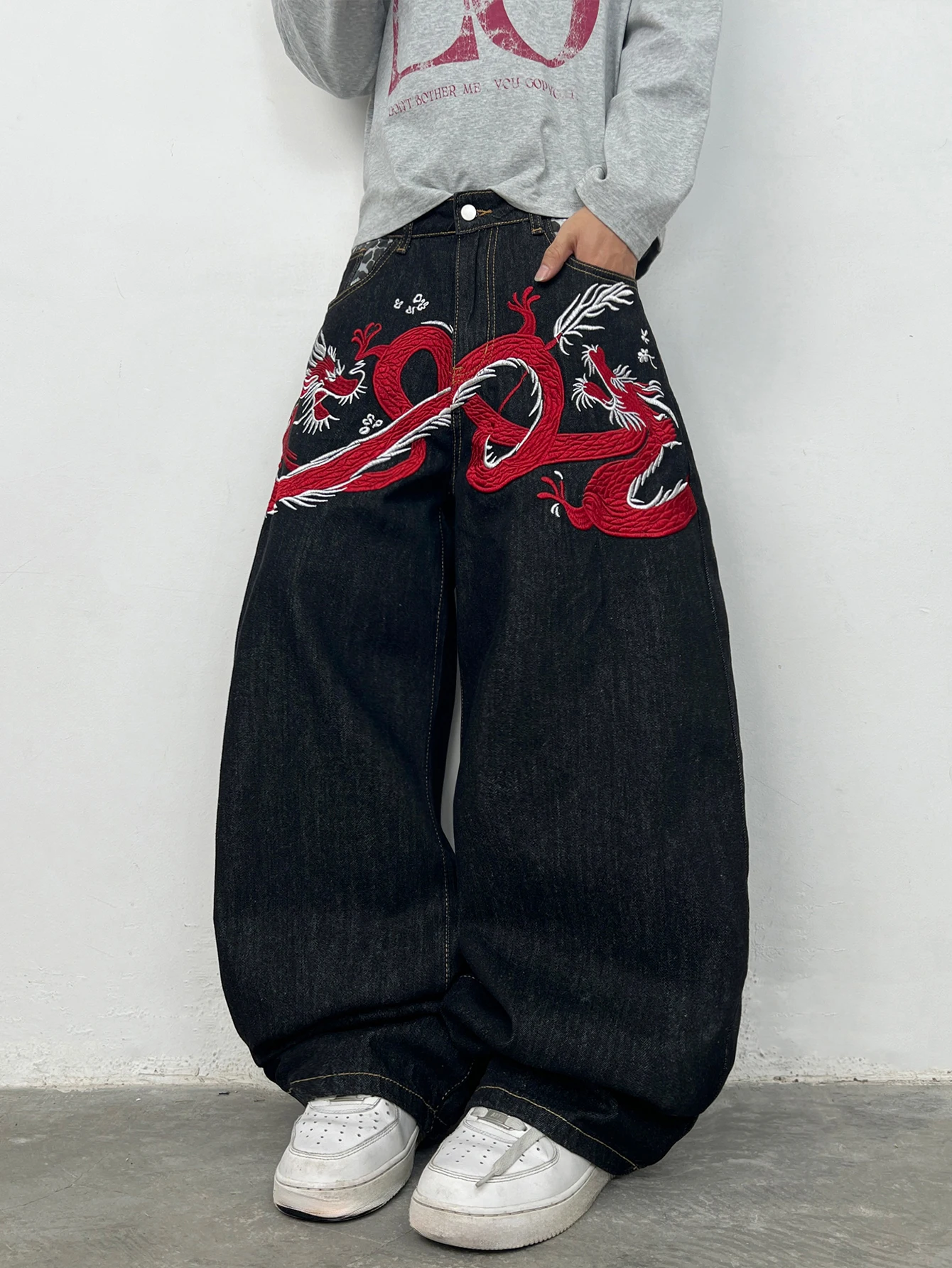 High Street Red Dragon Embroidery Design Black Baggy Jeans Men Y2K Retro Street Hip-Hop Skate Fashion Versatile Wide-Leg Pants