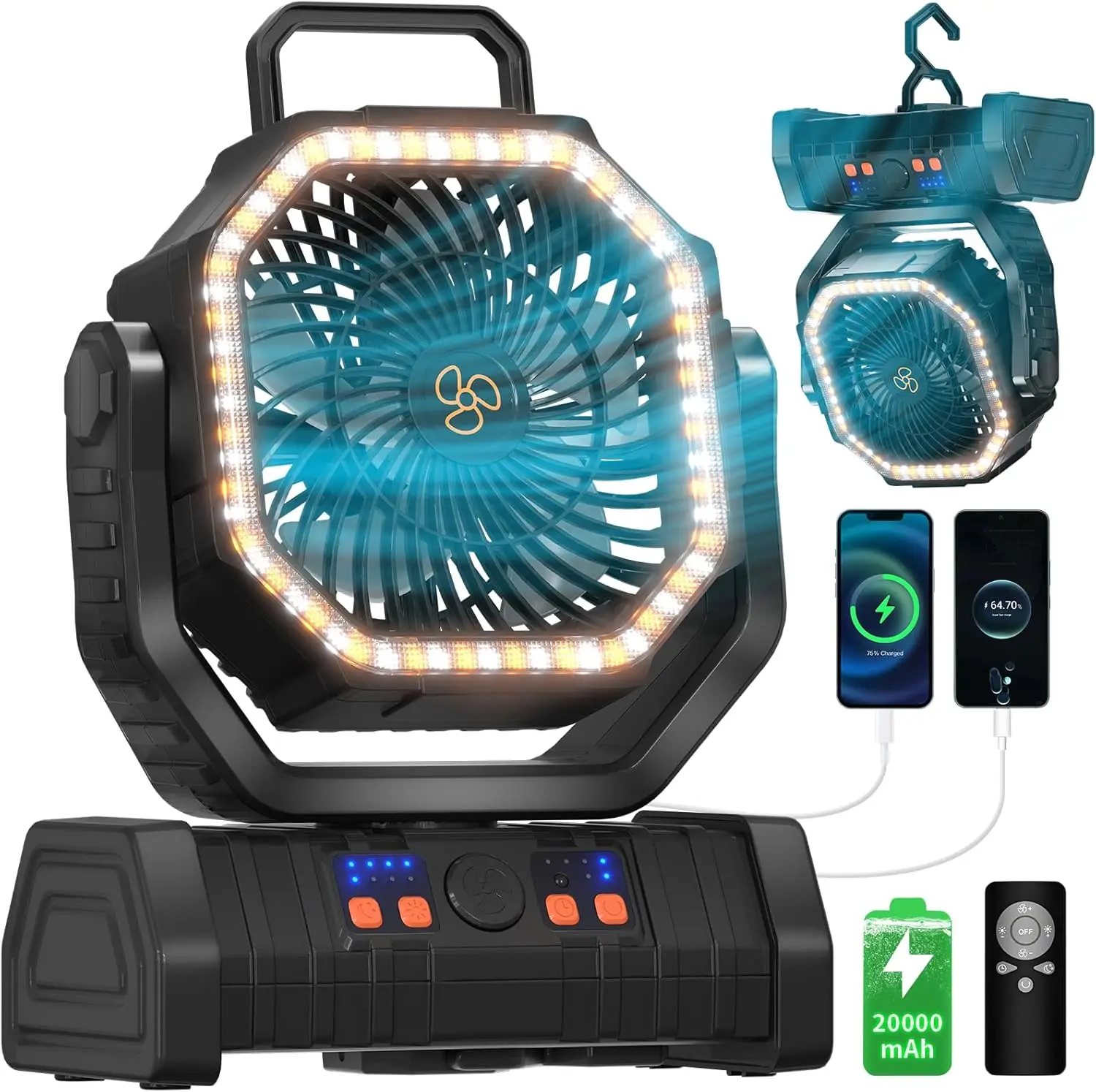 

Battery Operated Fan Portable Battery Powered Outdoor Camping Tent Fan with LED Lantern Light 20000mAh Rechargeable