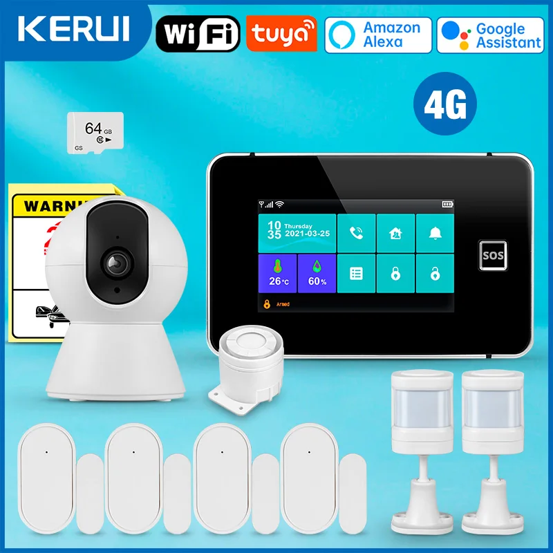 

Беспроводная охранная сигнализация KERUI 4G/WiFi для дома, 4,3-дюймовый сенсорный экран, противоугонная сигнализация с датчиком движения Tuya Smart G64B