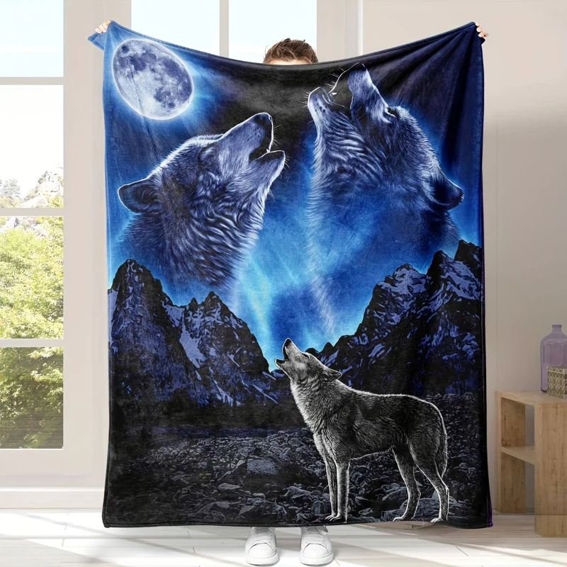 Moon Mountain Three Wolves Art Throw Blanket,Warm Lounge,Study Decor,Birthday Anniversary Wild Stylish Household Souvenir