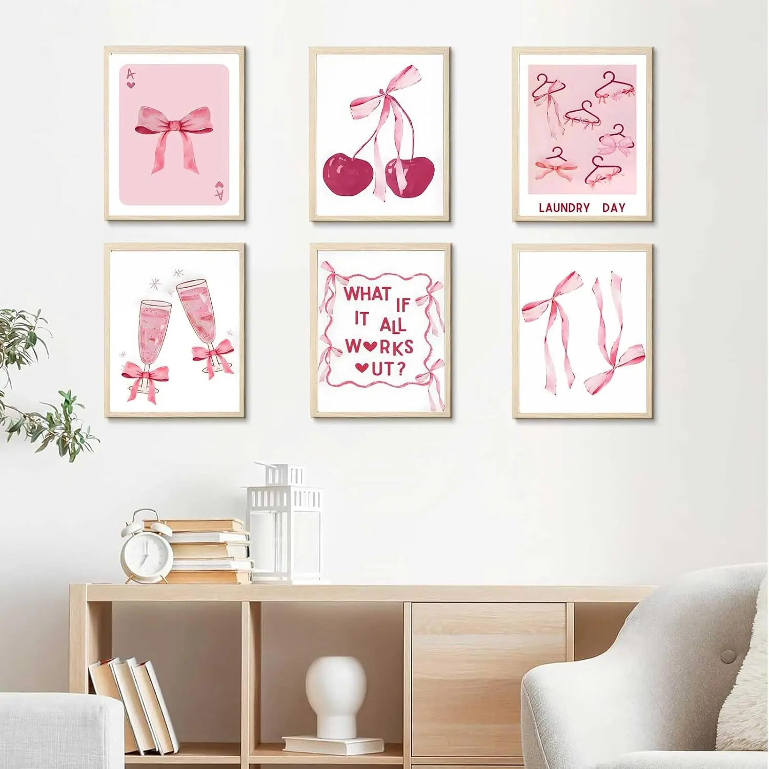 

6pcs Fashionable Pink Bow Wall Art Poster Room Decor Aesthetics Watercolor Light Pink Bow Canvas Picture Apartment Decoration