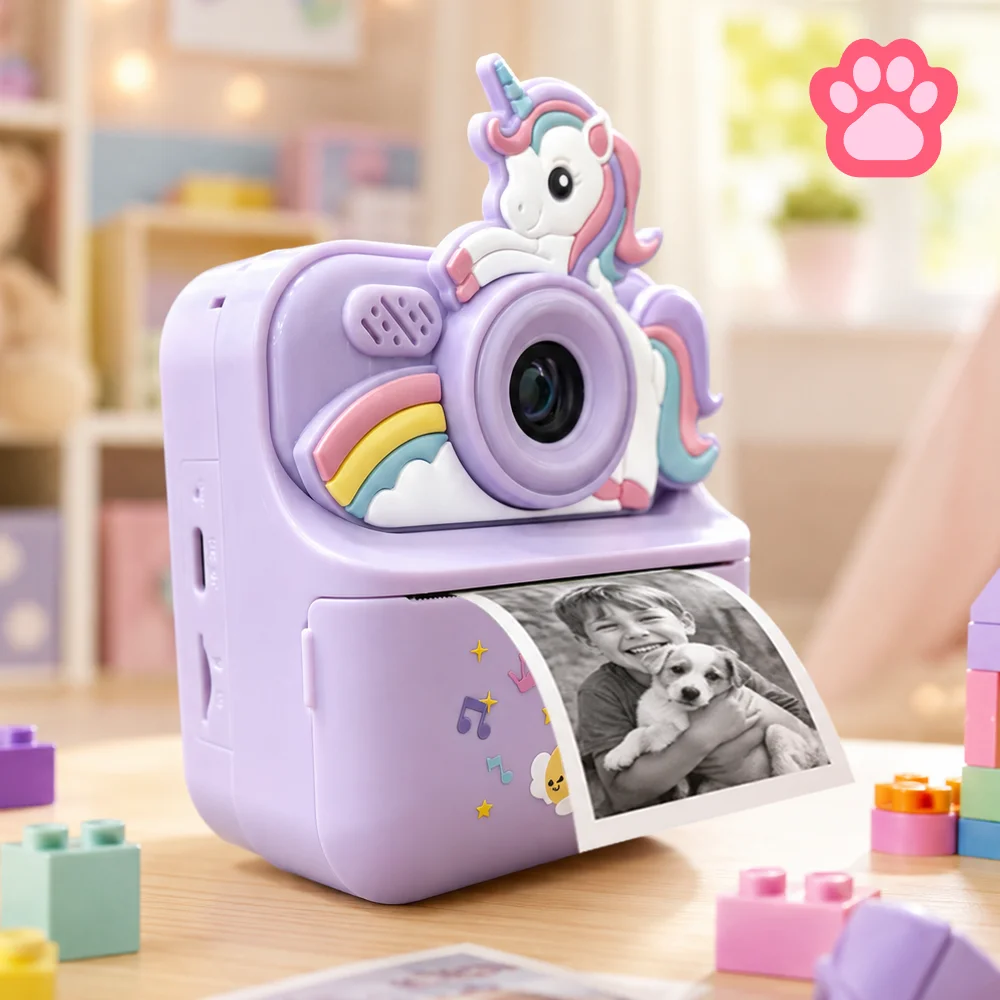 Cute Unicorn Kids Instant Print Camera Portable Dual Lens Video Recording 16X Digital Zoom Built-in Puzzle Games High Quality Toy Camera for Boys & Girls Perfect Gift