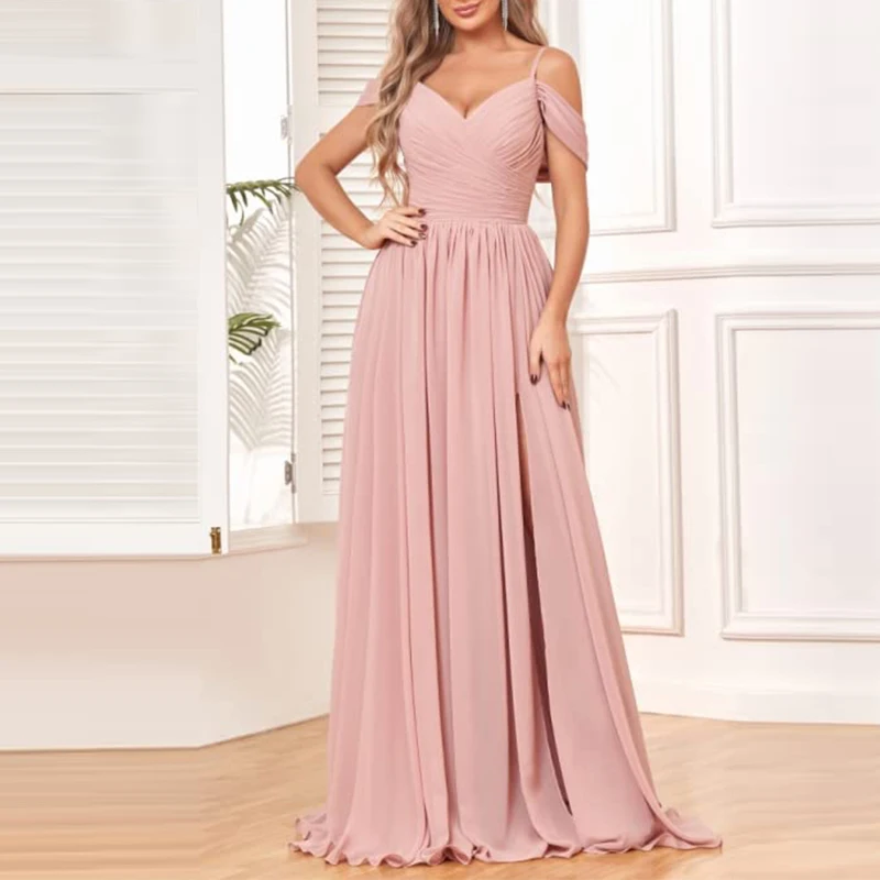 Spaghetti Strap V Neck Chiffon Bridesmaid Dresses for Women with Slit Pleated Corset Cold Shoulder Maid of Honor Wedding Guest