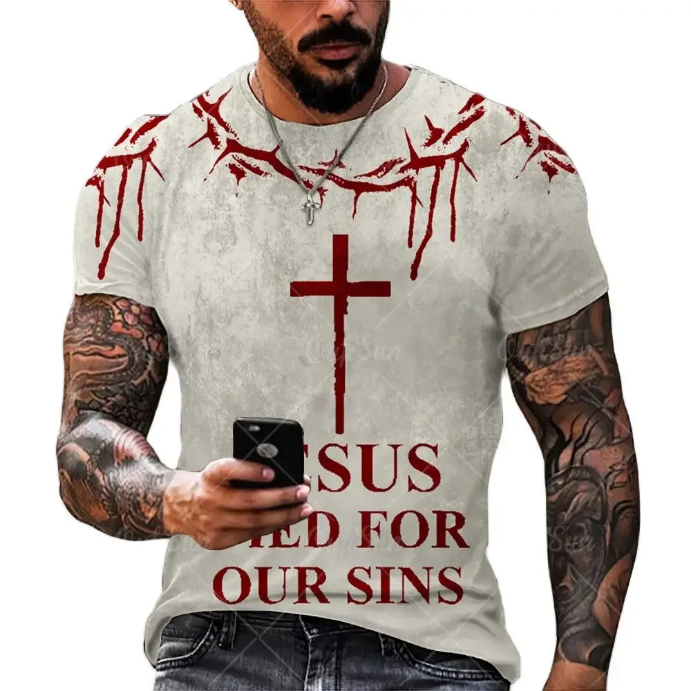 2024 Fashion trend Men's T-shirt Cross Graphic Jesus Christ 3d printed men's T-shirt Retro classic short sleeve loose personalit