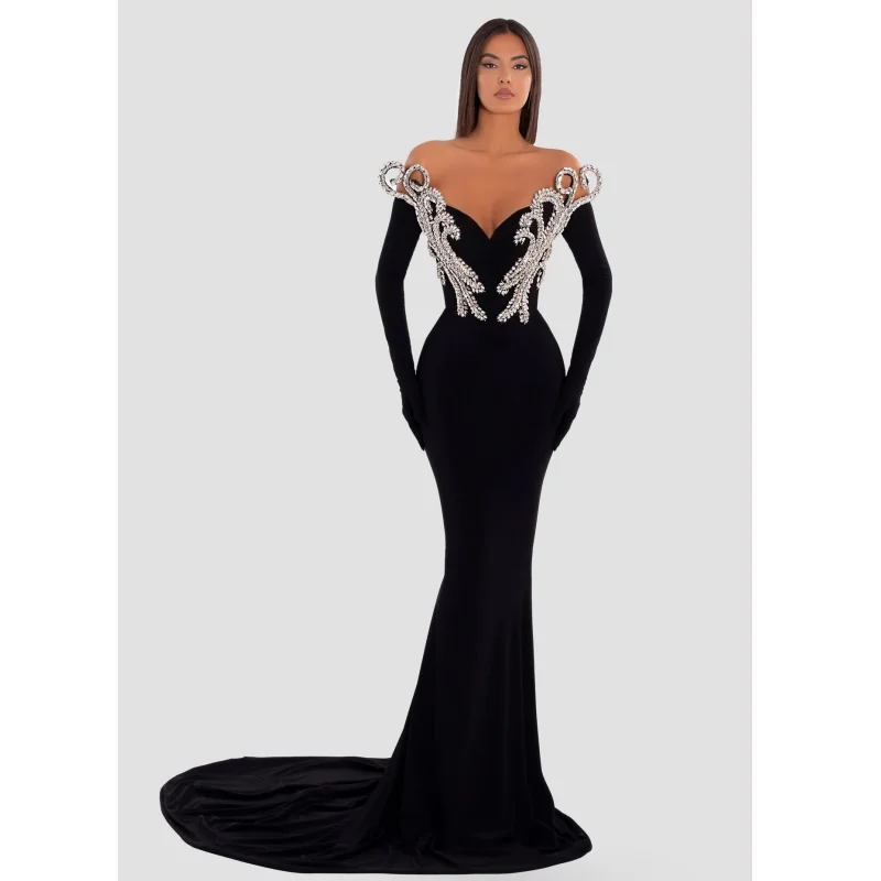 

Fashionable Gloves Stereoscopic Diamond Sexy Off The Shoulder Black Long Dress Celebrity Evening Party Dress Performance costume