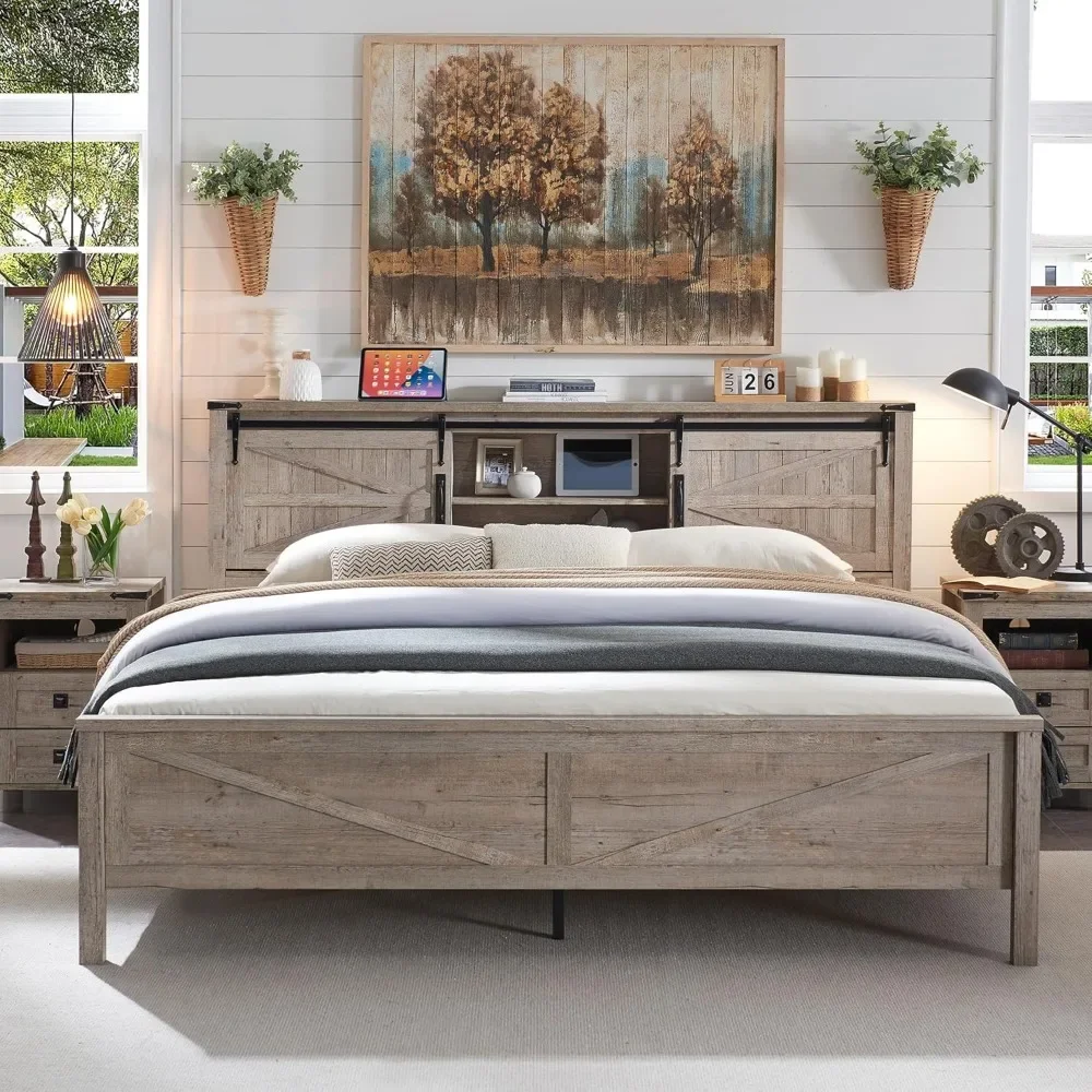 King Bed Frame with Bookcase Headboard Sliding Barn Door Storage Cabinet Charging Station Wood Slats Support，Bed Frame