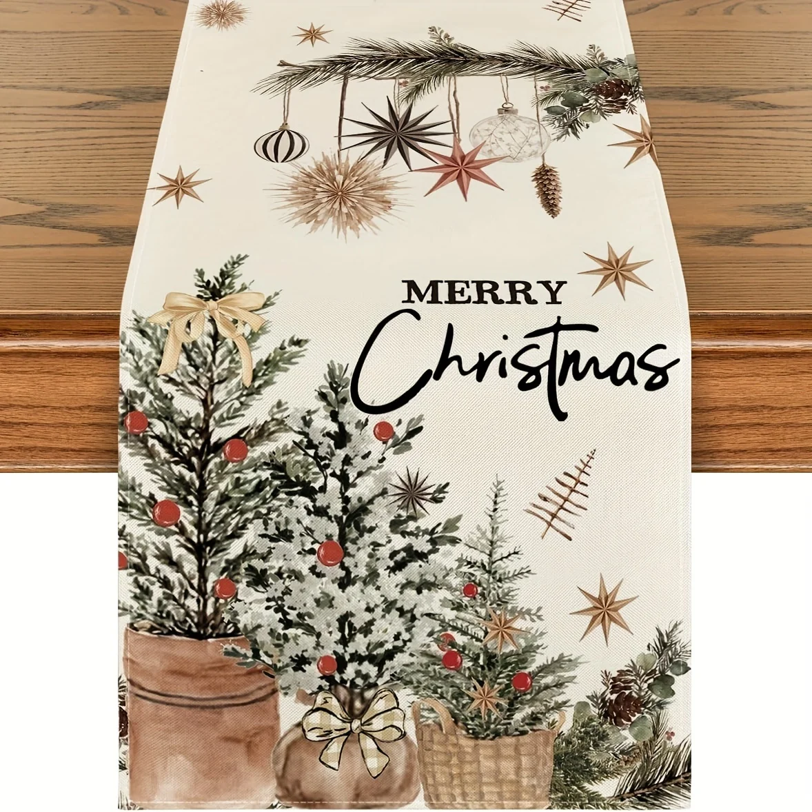 1 Piece of Retro Pastoral Christmas Table Flag, Light-Painted Potted Christmas Tree with Star Hangings, Suitable for Christmas Family Dinners, Pastoral Style B&Bs, Literary Cafes, Holiday Parties, Home Decorations, Handicraft Markets, Girlfriends' Tea Parties, Creative Studios
