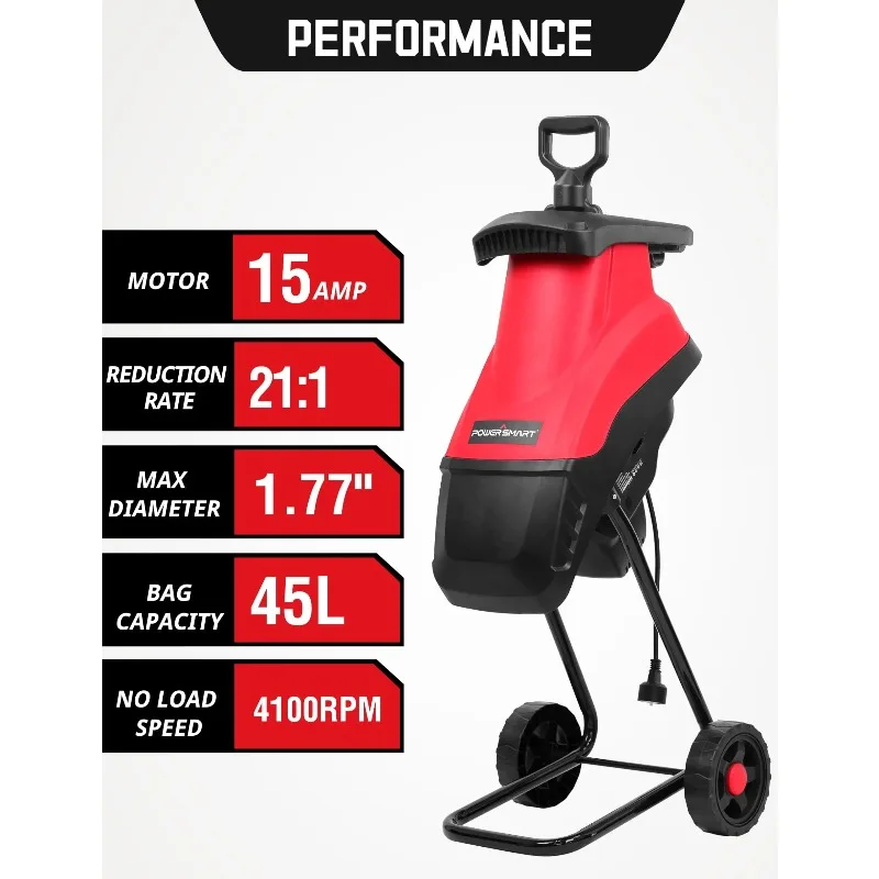 Electric Wood Chipper Shredder, 21:1 Reduction Ratio，1.77 Inch Cutting Diameter, 15-Amp Motor, with 45L Collecting Bag