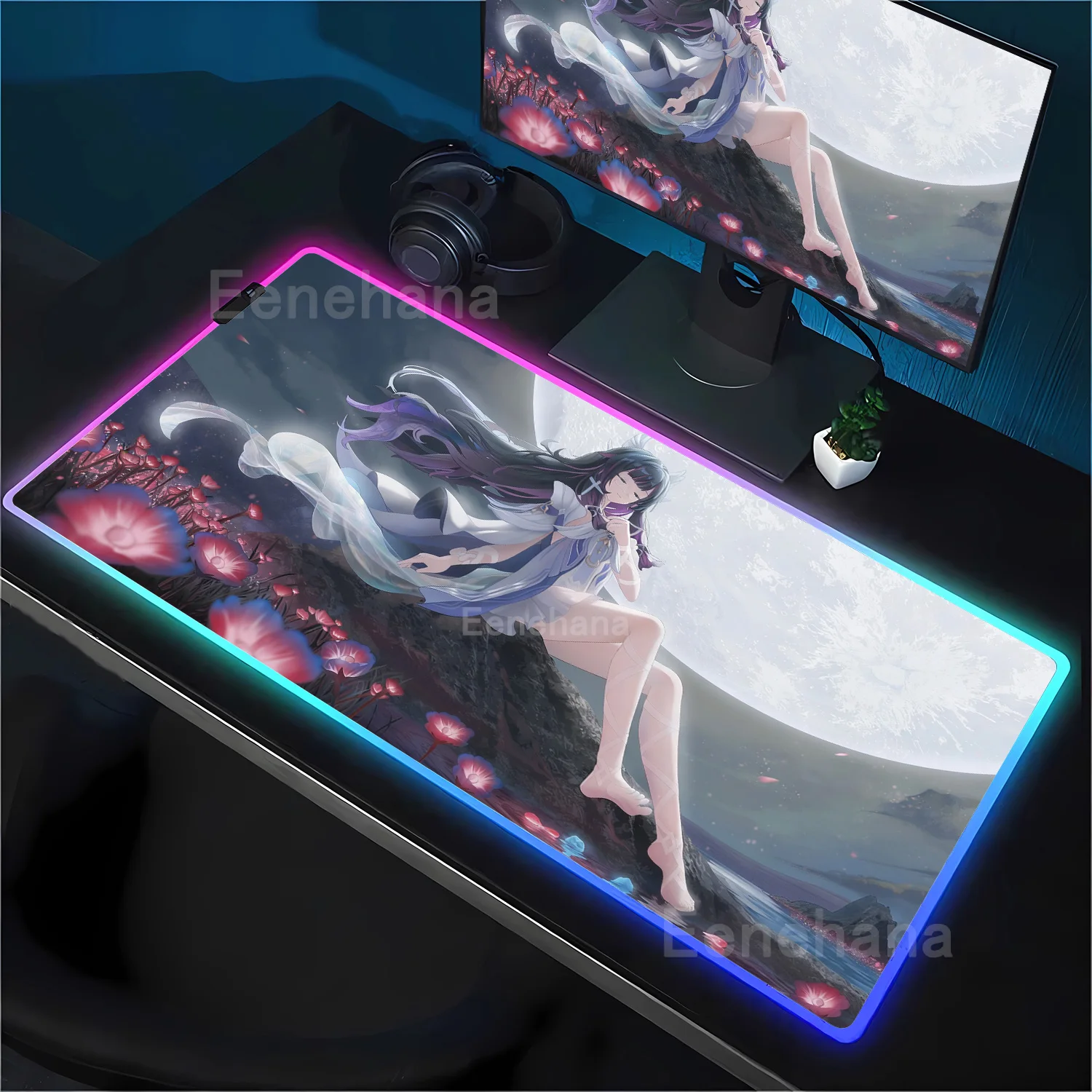 

Коврик для мыши RGB Columbina Genshin Impact Kawaii Animal, большой игровой светодиодный коврик для мыши с оверлоком, большой резиновый коврик XXL с подсветкой для игрового стола