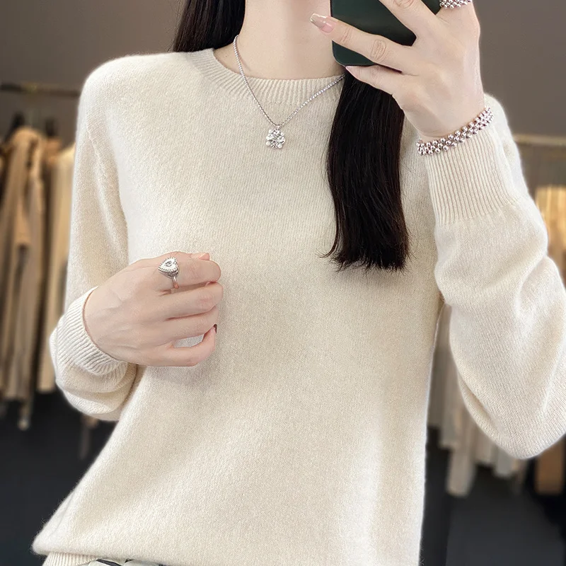 BELIARST 2024 Autumn New Women's Round Neck Long sleeved Sweater Knitwear 100% Wool Pullover Solid Color Top WQ-012