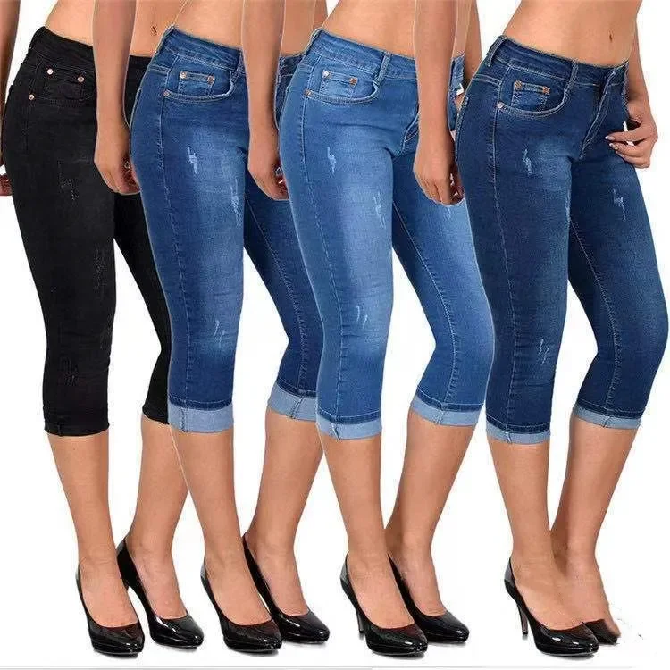 

Women's Summer Skinny Denim Pants Jeans Mid Waist Stretch Capri Pants Knee Length Trousers Black Blue Ladies Pencil Pants
