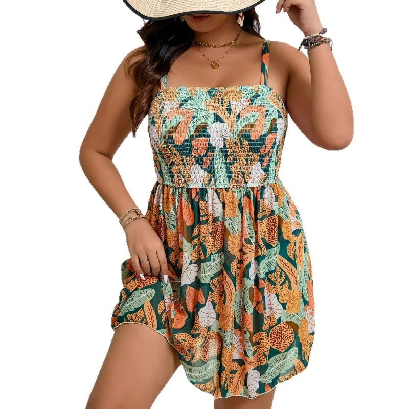 2025 プラスサイズ レディース ハイウエスト アーティスティック リーフ プリント メッシュ インサート フリル ツーピース ビキニ 流れるようなスカート カバーアップ付き