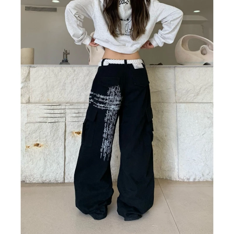 Otoño nuevo Harajuku Hip Hop Y2K pantalones largos holgados estilo americano moda Cruz estampado de letras High Street pantalones vaqueros de pierna ancha